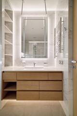 Discover a Modern Bathroom Design with Elegant Lighting and Smart Storage for style and function