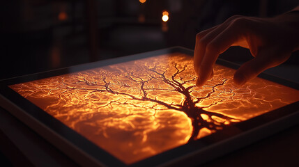 An extreme close-up captures the user tapping on individual nodes in the neural network on the tablet, each node lighting up and sending signals through the connected lines as data