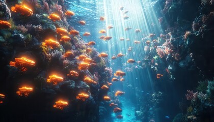 A swarm of glowing underwater robots exploring the ocean depths, cinematic beams of light breaking through water