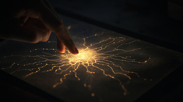 An extreme close-up captures the user tapping on individual nodes in the neural network on the tablet, each node lighting up and sending signals through the connected lines as data