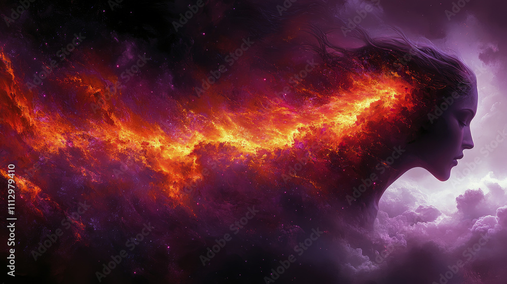Poster a cosmic figure emerges from swirling nebulae, intertwined with fiery flames, creating a mesmerizing