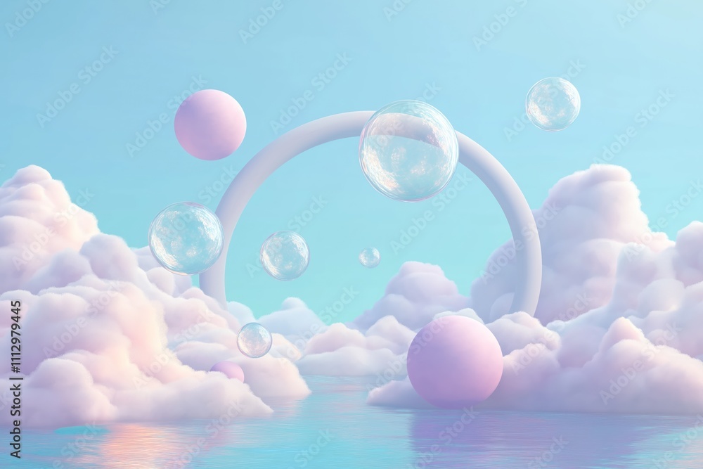 Poster Pastel colored balls, soap bubbles float in air above fluffy clouds over calm ocean. Abstract 3D render with geometric shapes. Dreamy, colorful scene. Soft pastel aesthetic. Floating forms create