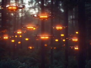 A swarm of small autonomous drones glowing as they map a forest, goldenhour cinematic lighting