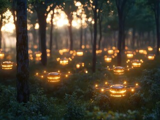 Obraz premium A swarm of small autonomous drones glowing as they map a forest, goldenhour cinematic lighting