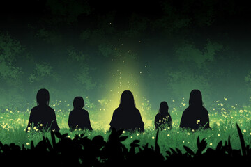 Fototapeta premium A group of people are sitting in a field of grass