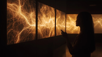 From a close side-angle, the camera captures the neural network expanding across the screen as the person pinches and zooms, with new layers of connections unfolding with each gest