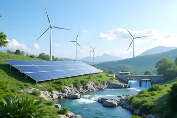 Renewable energy landscape with solar panels, wind turbines, and river in mountainous terrain