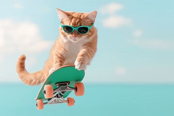 Playful ginger cat wearing sunglasses, performing a skateboarding stunt in mid-air against a clear blue sky. Vibrant and fun animal concept.