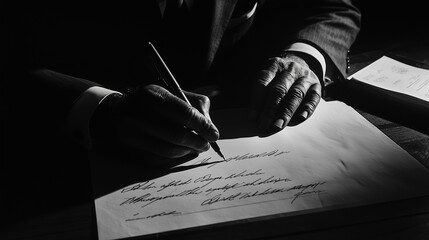 The camera zooms in from a slightly tilted angle, focusing on the hands of the signer and a witness sitting beside them, with the pen midway through the signature, capturing the mo