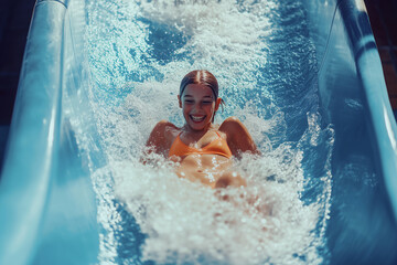 A happy teenage girl in an orange swimsuit is having fun riding a water slide in an amusement park or pool