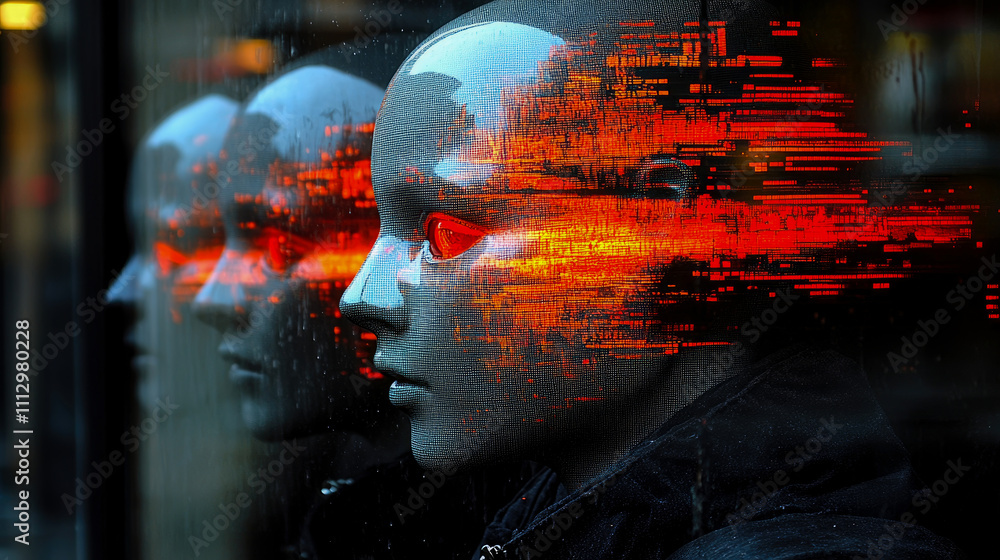 Aufkleber mannequin heads are displayed in a storefront, reflecting digital effects that create a striking con