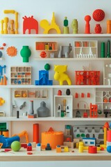 Colorful three-dimensional objects arranged on shelves.