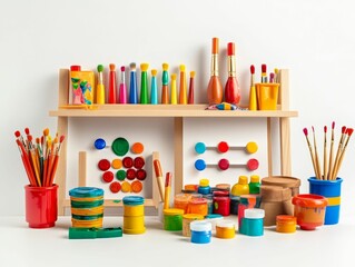 Obraz premium Colorful art supplies arranged on shelves and table.