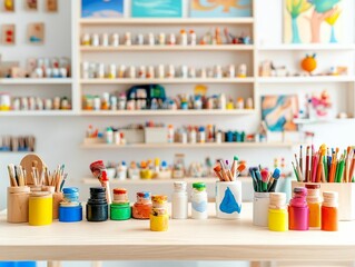 Colorful paints, brushes, and art supplies on table.