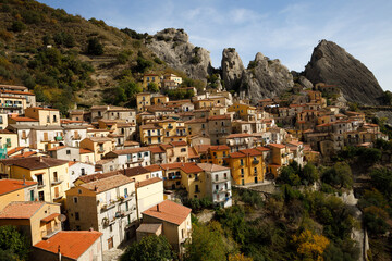 Fototapeta premium The picturesque village of Castelmezzano on the scenic rocks of the of the Apennines Dolomiti Lucane, Basilicata, Italy