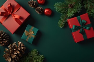 Christmas red gift boxes, fir tree branches and pine cones, Christmas background 