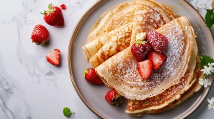 Artful crepes brimming with whipped ricotta, served with ripe strawberries on a luxurious marble countertop