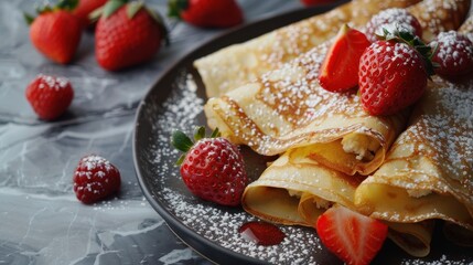 Artful crepes brimming with whipped ricotta, served with ripe strawberries on a luxurious marble countertop