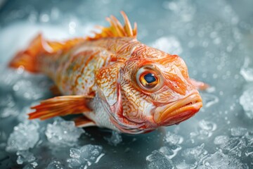 A close-up shot of a fish lying on ice