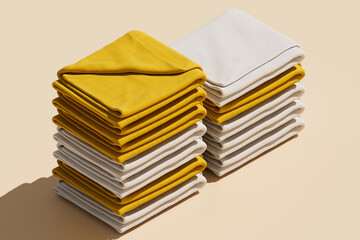Stacked yellow and white folded towels in soft lighting