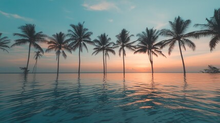 Serene sunset over a tranquil pool lined with palm trees, evoking relaxation and escape.