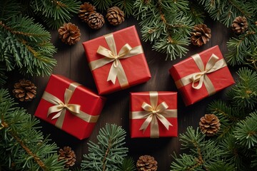 Christmas red gift boxes, fir tree branches and pine cones, Christmas background 