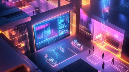 Futuristic neon-lit digital city with holographic displays and people navigating the space.