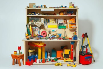 Toy workbench overflowing with colorful tools, and small vehicles.