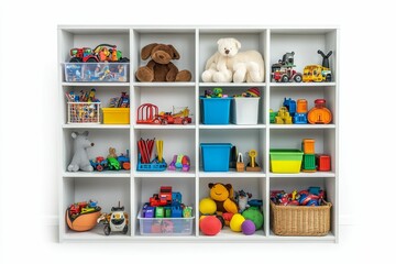 Obraz premium Toy-filled shelves; organized play area.
