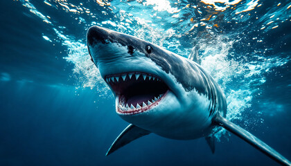 Fototapeta premium Great white shark with open mouth swimming in the deep blue ocean with sunlight reflections.