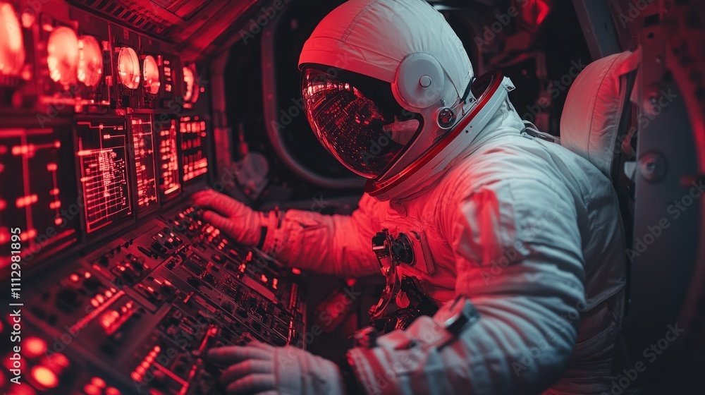 Poster an astronaut operates controls in a spacecraft illuminated by red lights.