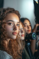 Fototapeta premium Captivating close-up of three young women in a creative studio setting, highlighting beauty and friendship in portrait photography.
