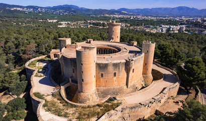  Mallorca (Majorca), Balearic Islands, Spain. high angle drone view of Bellver castle near the city of Palma de Mallorca © Freesurf