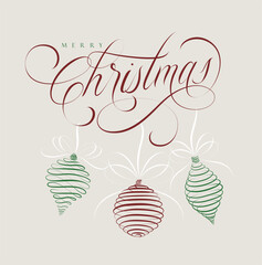 Merry Christmas lettering poster drawing three tree toys with color on beige background.