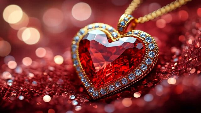 Red heart-shaped gem pendant necklace with gold chain and sparkling diamonds on red glitter background