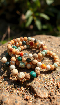 Collection of mineral stone beaded bracelets on natural outdoor background isolated with white highlights, png