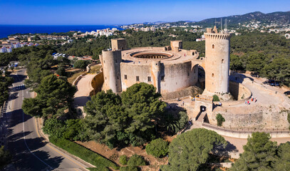  Mallorca (Majorca), Balearic Islands, Spain. high angle drone view of Bellver castle and the city...