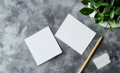 Mockup scene with blank notes, pencil, and potted plant on gray background
