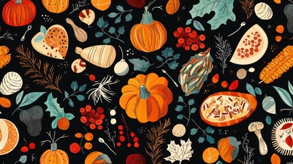 Autumn harvest pattern with pumpkins, gourds, and fall foliage on dark background