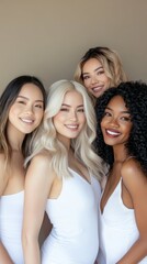 Obraz premium Group of four diverse women smiling brightly, showcasing friendship and unity in a harmonious setting with natural beauty.