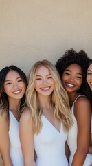 Obraz premium Four women of different backgrounds smiling together, wearing white dresses, symbolizing diversity and friendship against a neutral background.