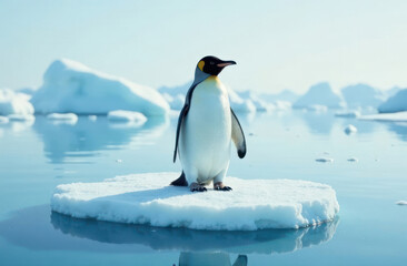 alone penguin standing on melting ice floe caused by global warming, surrounded by open blue water on north pole. climate change impact, environmental awareness, ecology concept