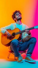 Fototapeta premium Man with acoustic guitar enjoys vibrant background in colorful studio, blending music and modern aesthetics for creative inspiration.