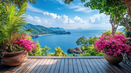 Tropical paradise balcony with stunning ocean view and lush pink bougainvillea