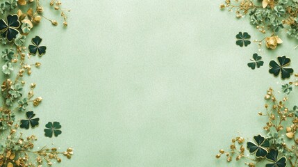 St. Patrick's invitation on a sage green background with small metallic gold clovers, faint glitter accents, and ample text space.