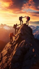 Fototapeta premium Four climbers teamwork to conquer a rugged mountain peak during a stunning sunset, highlighting adventure and accomplishment.