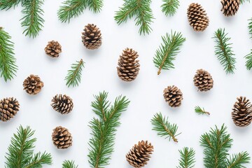 Fototapeta premium Christmas pattern made of fir branches and pine cones on a white background. Top view, flat lay, Border, free space for text inside.