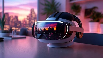 VR Headset at Dusk: Immersive Technology in a Cityscape Setting