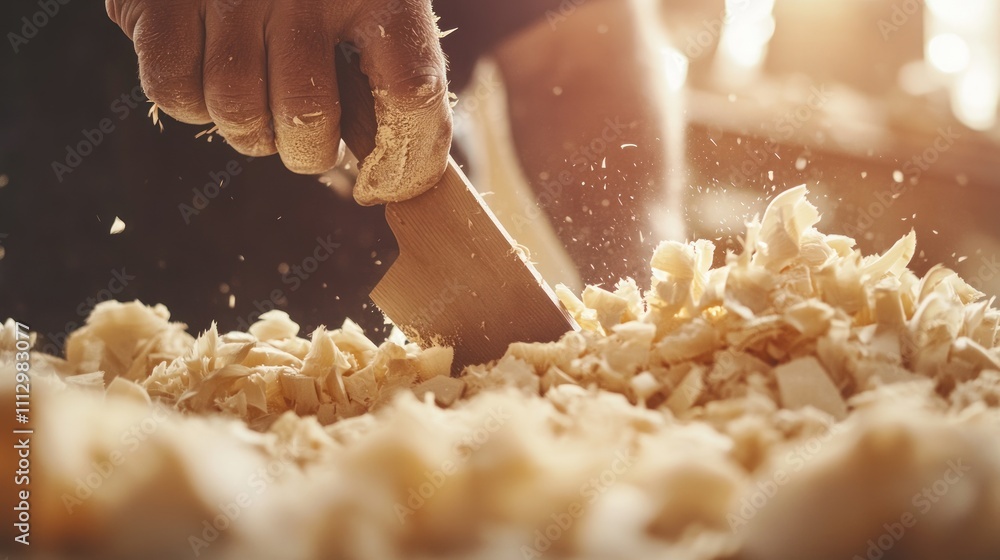 Poster a close-up of a hand using a chisel on wood shavings in a workshop.
