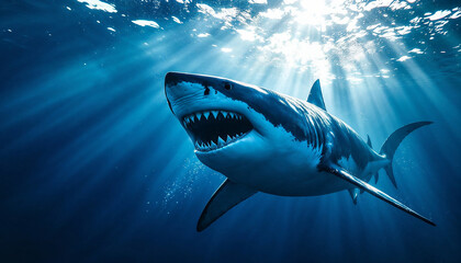 Fototapeta premium Great white shark with open mouth swimming in the deep blue ocean with sunlight reflections.